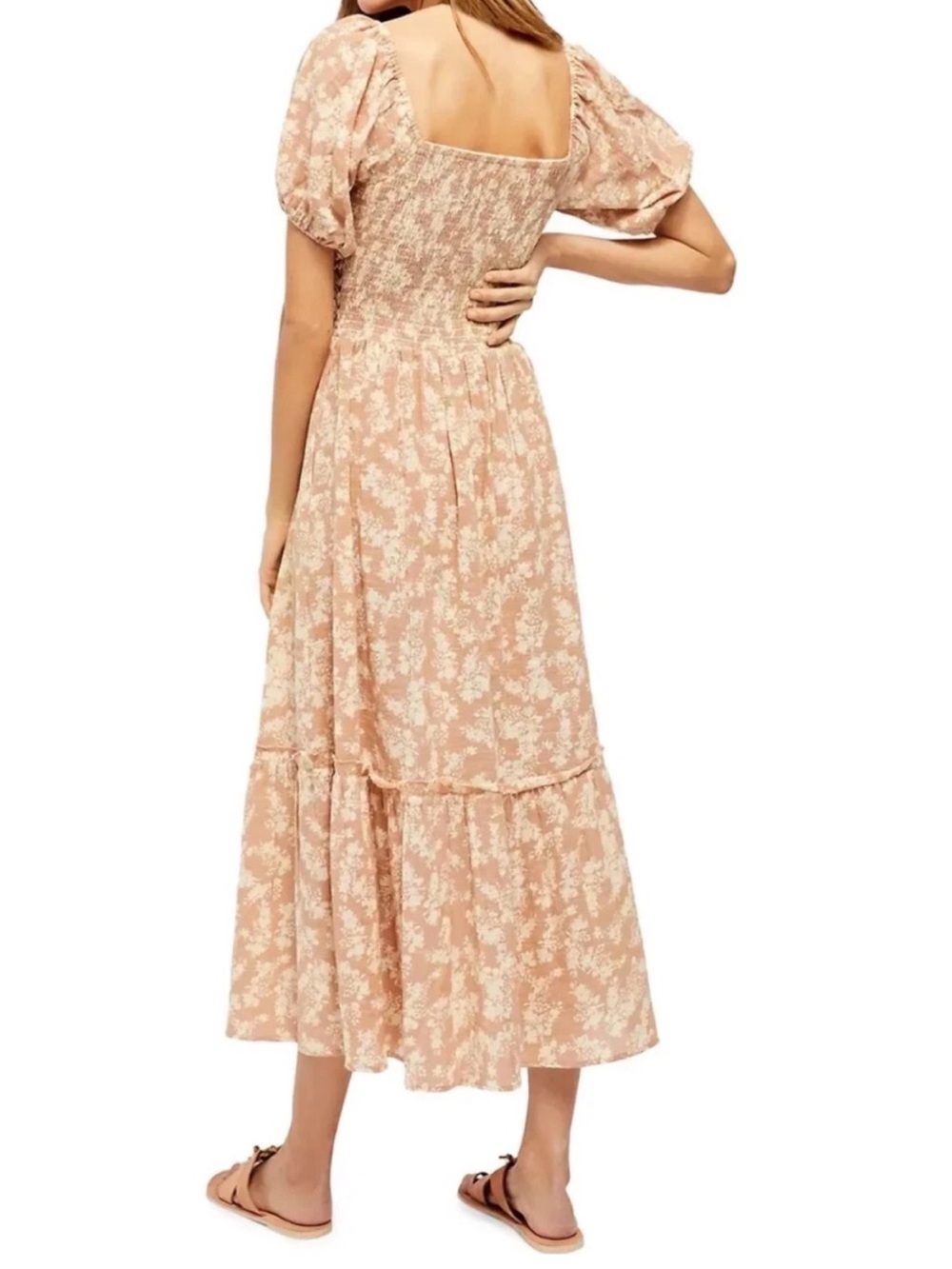 FREE PEOPLE "Ellie" Cream/Tan Floral Boho Puff Sleeve Maxi Dress, Size S, EUC - Picture 4 of 13